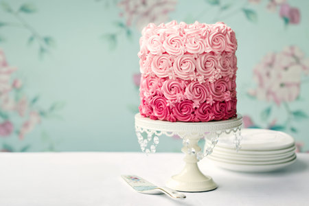 Ombre cake with piped buttercream roses in shades of pink