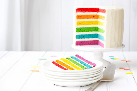 Brightly colored rainbow layer cake for a birthday partyの写真素材