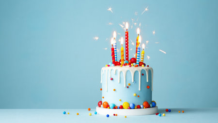 Colorful celebration birthday cake with colorful birthday candles and sparklers against a blue backgroundの写真素材