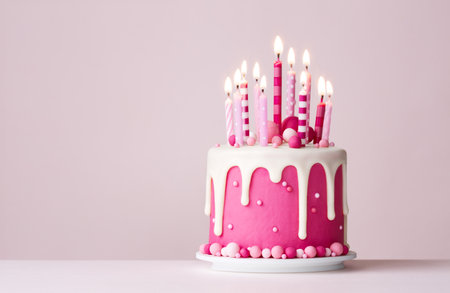 Pink celebration birthday cake with drip icing and pink birthday candlesの写真素材