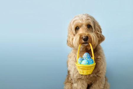 Cute dog carrying an Easter basket filled with Easter eggs