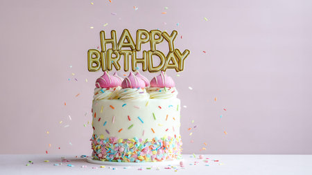 Pink birthday cake with gold happy birthday banner and colorful sprinkles