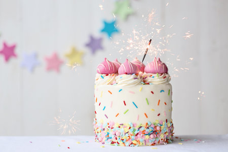 Birthday cake with colorful sprinkles and celebration sparklers with copy space to sideの写真素材