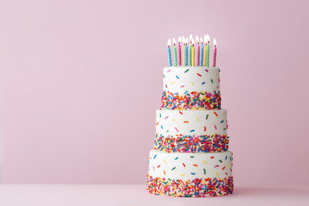 Tiered celebration birthday cake with colorful sugar sprinkles and twelve birthday candlesの写真素材