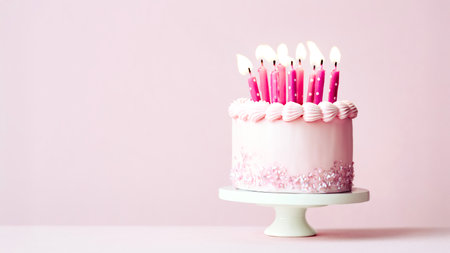 Pretty pink birthday cake with pastel pink frosting and nine pink birthday candles on a plain pink backgroundの写真素材