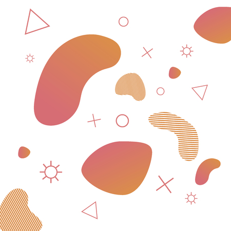 Minimalist abstract background with circles, flowing shapes, triangles and shapes of x, in red and orange colors, with white background. Ready to use in your banners, posts, posters and flyers.のイラスト素材