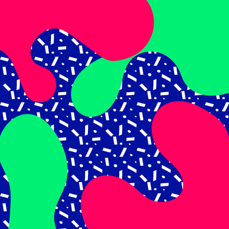 Liquid shapes in pink and green bright colors over a line and points pattern, with a solid blue background. Ready to use in banners, social media, posters, flyers, and advertising.のイラスト素材