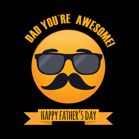 Happy Father's Day emoji with sunglasses, mustache and congratulations text on English. Black and yellow colors. Ready to use in t-shirts, banners, flyers, social media and posters.のイラスト素材