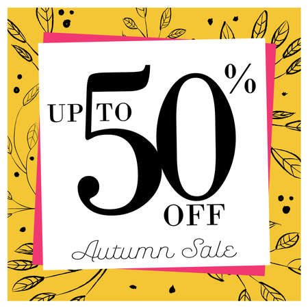 Up to 50% off, autumn sale banner. With yellow background and black leaves. Elegant calligraphy. Ready to use in social media, posters, flyers and advertising.のイラスト素材