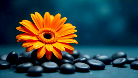 Bright orange gerbera daisy flower complemented by smooth black stones in a tranquil arrangementの素材