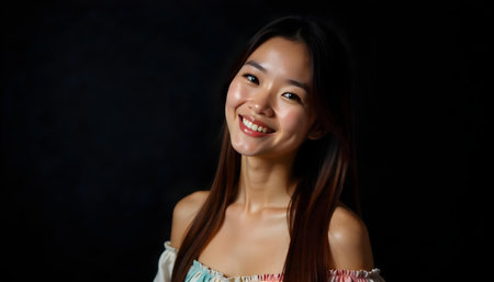A young Asian woman with sleek brown hair, wearing a multi colored dress, smiling confidentlyの素材