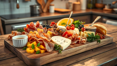 A high resolution image of a curated charcuterie board with artisanal bread, fruits, and cheesesの素材