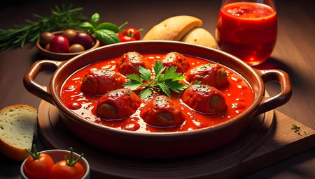 A hearty family style presentation of albondigas in tomato sauce, served in a rustic dishの素材