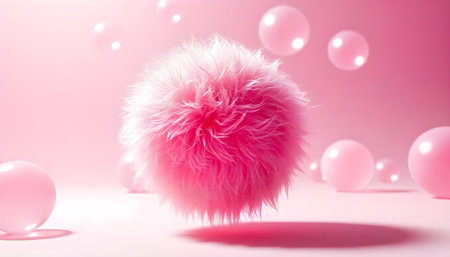 Large fuzzy pink sphere drifting in bubblegum pink space with colorful translucent spheresの素材