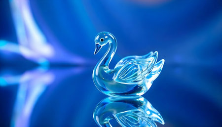 Elegant transparent glass swan with blue tint on reflective surfaceの素材