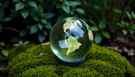 A glass globe showing the world, placed on a moss bed with surrounding vibrant foliageの素材