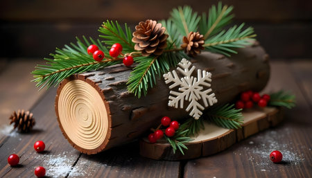 A rustic Christmas log adorned with pine branches and pinecones, creating a festive vibeの素材
