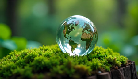 A glass globe depicting the world, resting on green moss, surrounded by lush foliageの素材