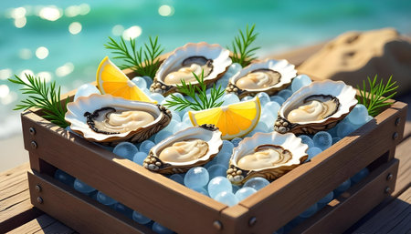 Large serving platter filled with oysters on thick bed of iceの素材