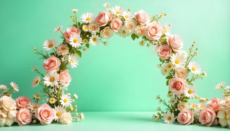 Ornate floral arch with white silhouette patterns, roses and daisies, soft light green backgroundの素材