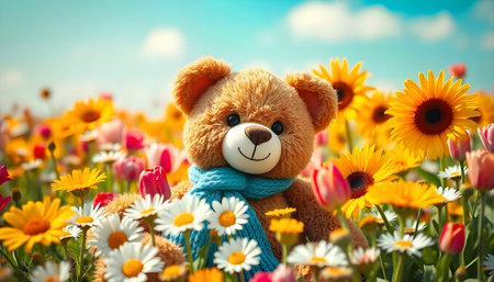 Teddy bear in blue scarf surrounded by colorful flowers and blue sky with cloudsの素材