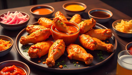 Crispy Korean fried chicken wings and drumsticks on a large plate, family styleの素材