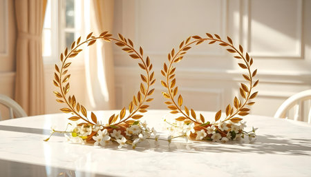 Golden laurel wreaths on a column surrounded by clouds and a warm orange dusk glowの素材