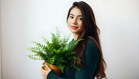 Young woman in green sweater holding potted fern against white wall backgroundの素材