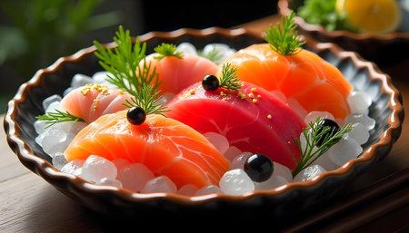 An opulent sashimi platter with assorted raw fish, including salmon, artfully arrangedの素材