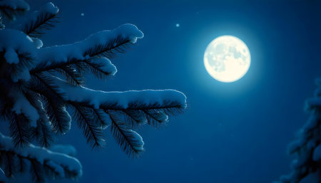 Snowy pine tree branches under a starry dark blue night skyの素材