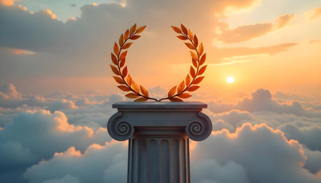 Two golden laurel wreaths atop a classical column with dusk clouds and orange lightの素材