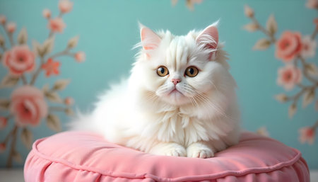 Fluffy white Persian cat with golden eyes on a pink pillow, against a floral blue backgroundの素材