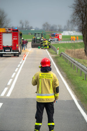 Road accident in Poland. Photo with fireman. Near CzarnkÃ³w Poland Poland. Polish fireman in...
