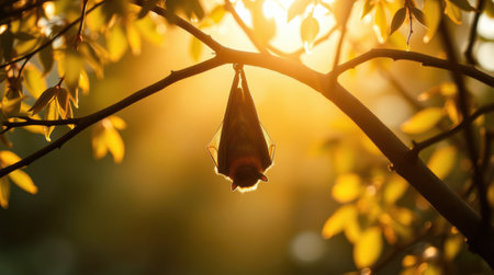 Bat silhouetted against a setting sun, hanging from a tree branch. Golden hour light illuminates the scene, creating a warm and peaceful atmosphere.の素材