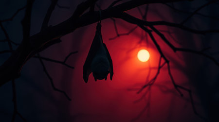 Silhouette of a bat hanging from a tree branch against a red, hazy sky. Mysterious and slightly spooky atmosphere.の素材