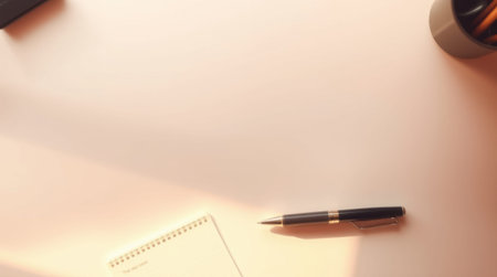 Minimalist workspace with notepad, pen, and pencils bathed in sunlight. Perfect for productivity and creative inspiration.の素材