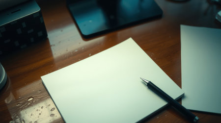 Blank notepad and pen on a wooden desk, ready for writing or note-taking. A tablet and other items are visible in the background.の素材
