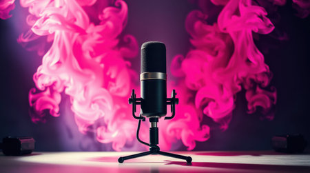 Studio microphone in pink smoke, perfect for podcasting, streaming, or recording music. Professional audio equipment.の素材
