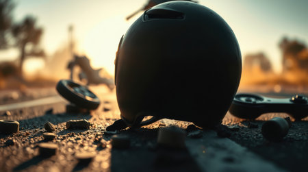Safety gear on the ground after an accident. A dark helmet and scattered debris lie on the asphalt at sunset. Reminder of potential danger.の素材