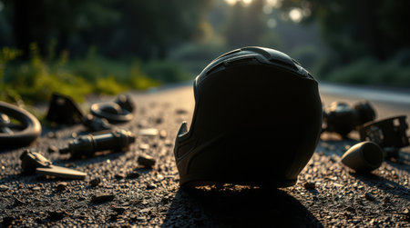 A discarded helmet and scattered parts lie on a road, suggesting an accident. The setting sun casts long shadows, adding to the some mood.の素材