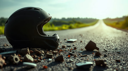 Helmet and debris on a road; aftermath of an accident. A some scene suggesting a motorcycle crash.の素材