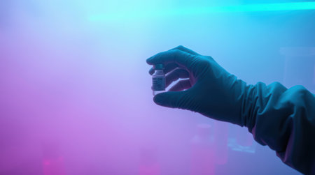 Gloved hand holds a small vial against a vibrant purple and blue background. Medical research or healthcare concept.の素材