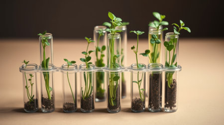 Young plants growing in test tubes, a symbol of scientific research and environmental conservation. A study in controlled growth and development.の素材