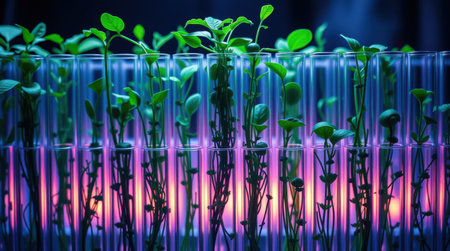 Young plants in test tubes under vibrant lab lighting. A scene of scientific growth and research.の素材