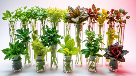 Assortment of vibrant plants in glass tubes and jars, showcasing diverse greenery and colors.の素材