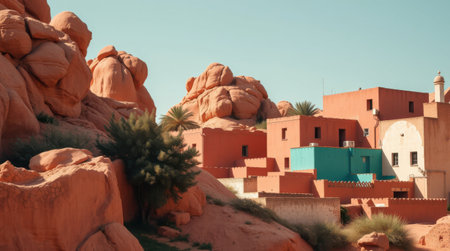 Unique desert architecture nestled amongst striking rock formations. A blend of earthy tones and vibrant hues creates a captivating scene.の素材