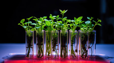 Young plants growing in test tubes under laboratory lighting. A vibrant image showing plant propagation and scientific research.の素材