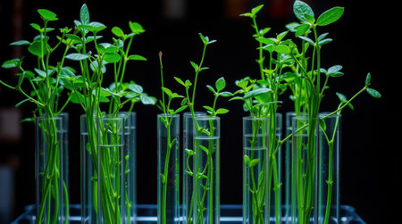 Young plants growing in test tubes, a laboratory setting showcasing scientific plant cultivation or research.の素材