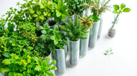 Assortment of greenery in test tubes. A collection of various plants, neatly arranged in clear cylindrical containers, sits on a white background.の素材
