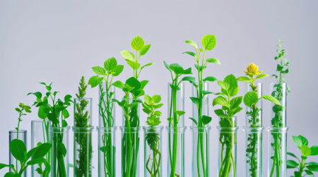 Green plants growing in test tubes against a light gray background. A laboratory experiment showing plant growth and development.の素材